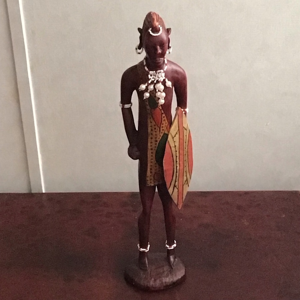Vintage Solid Wood Carved African Tribal Warrior 17" Tall